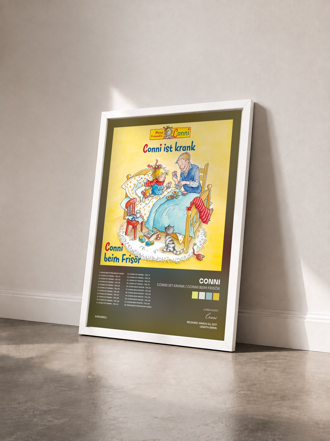 #blanc Tableau de l'album Conni ist krank / Conni beim Frisör de Conni vu de trois quarts, cadre blanc