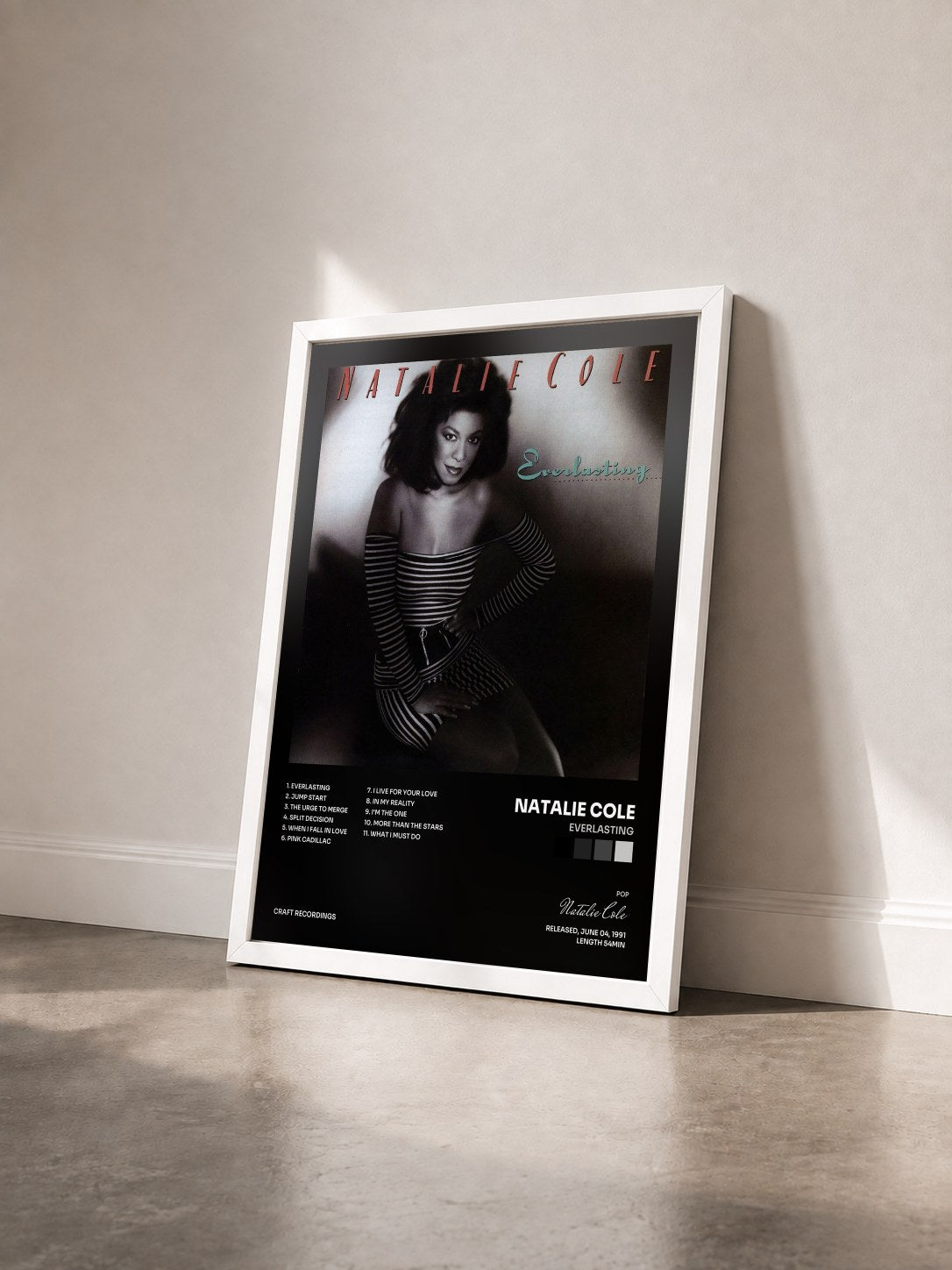 #blanc Tableau de l'album Everlasting de Natalie Cole vu de trois quarts, cadre blanc