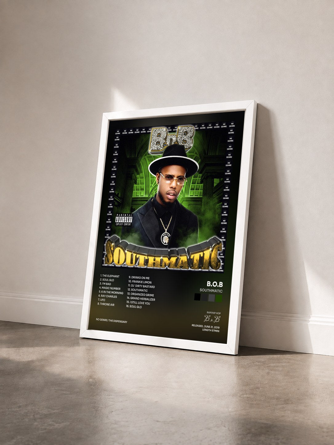 #blanc Tableau de l'album Southmatic de B.o.B vu de trois quarts, cadre blanc