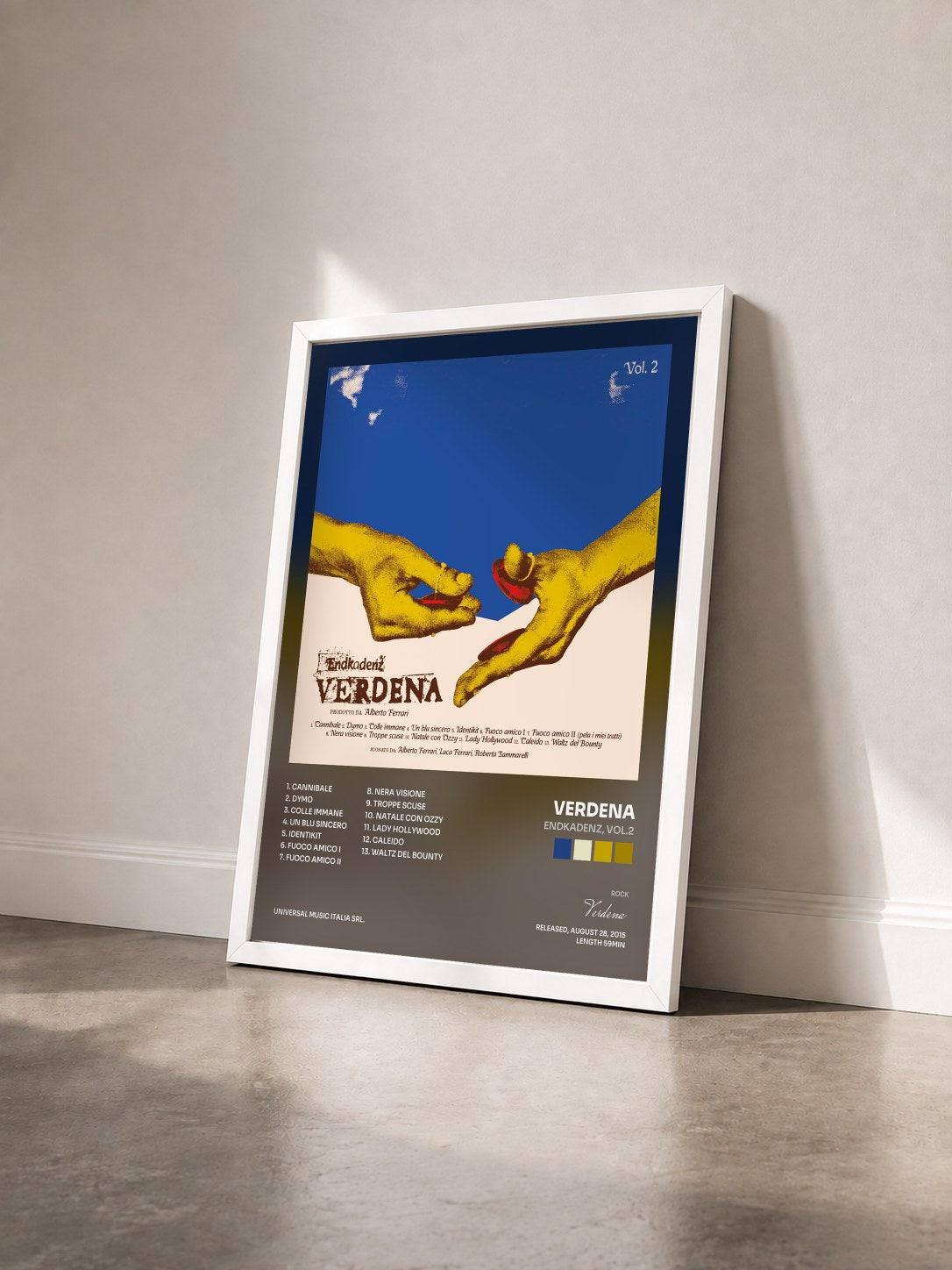#blanc Tableau de l'album Endkadenz, Vol.2 de Verdena vu de trois quarts, cadre blanc