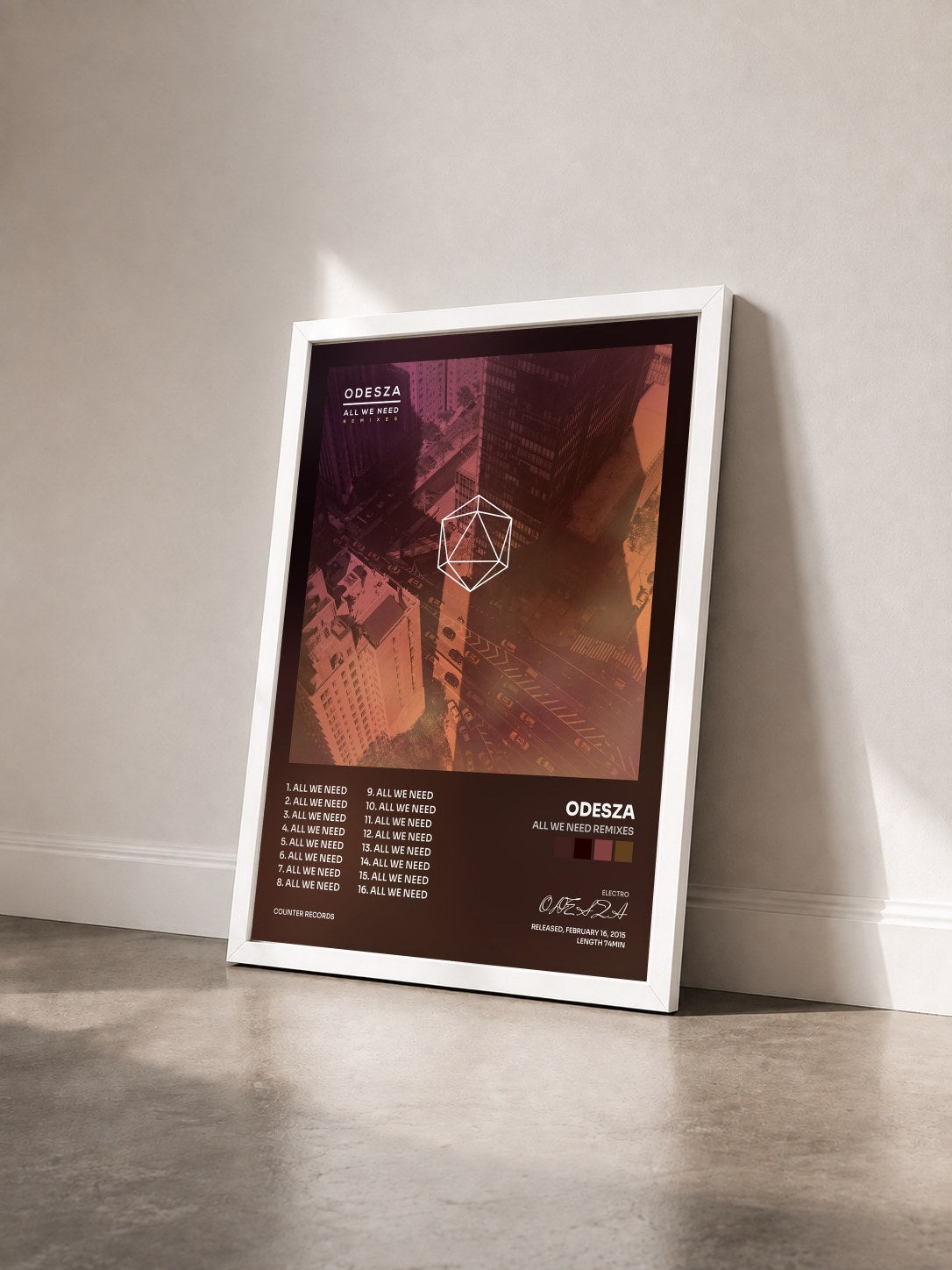 #blanc Tableau de l'album All We Need Remixes de ODESZA vu de trois quarts, cadre blanc