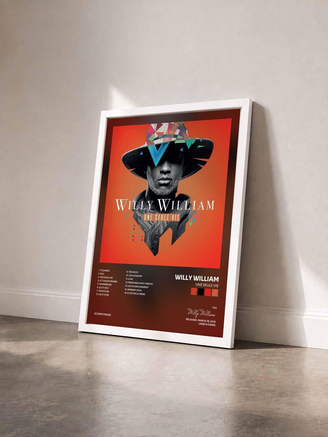 #blanc Tableau de l'album Une seule vie de Willy William vu de trois quarts, cadre blanc