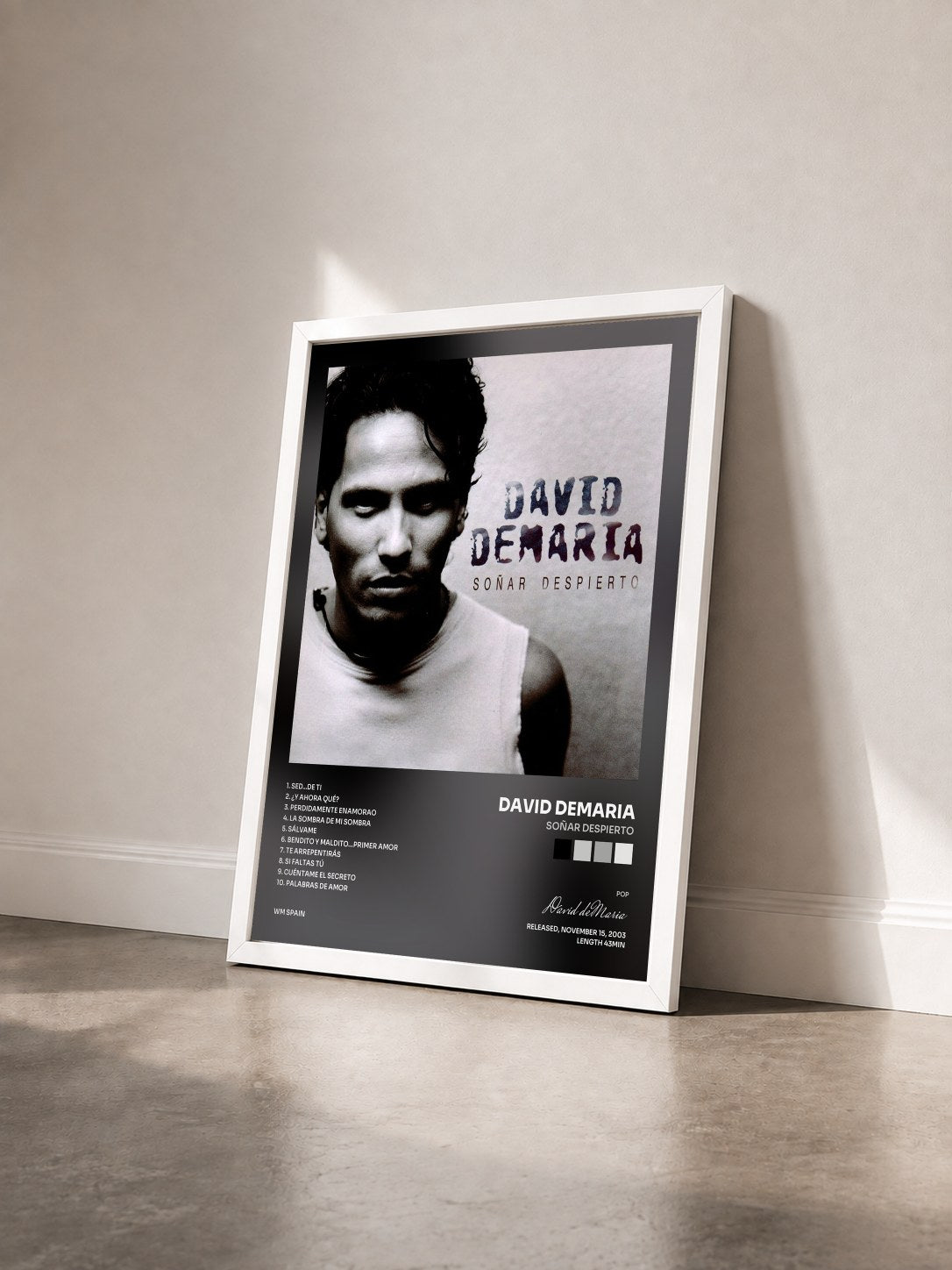#blanc Tableau de l'album Soñar despierto de David deMaria vu de trois quarts, cadre blanc