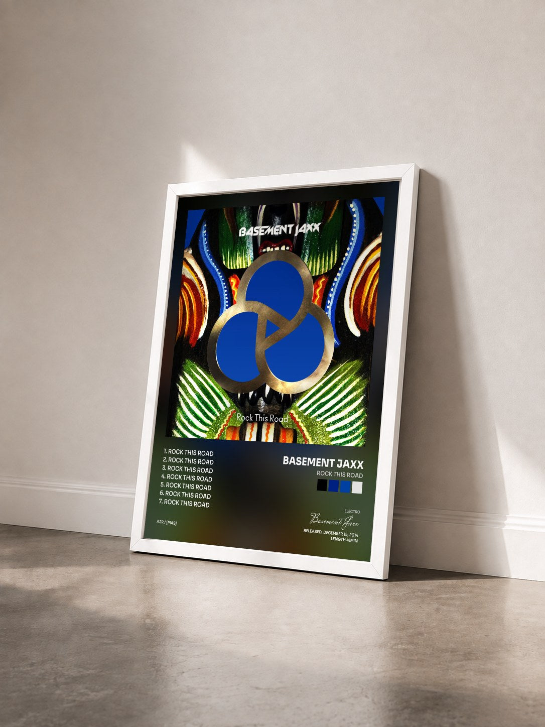 #blanc Tableau de l'album Rock This Road de Basement Jaxx vu de trois quarts, cadre blanc