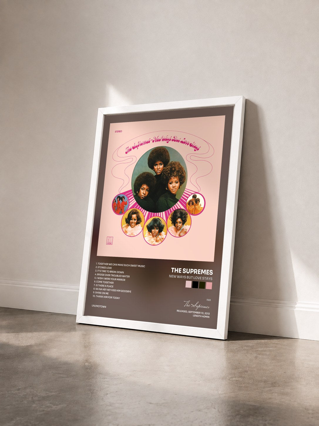 #blanc Tableau de l'album New Ways But Love Stays de The Supremes vu de trois quarts, cadre blanc