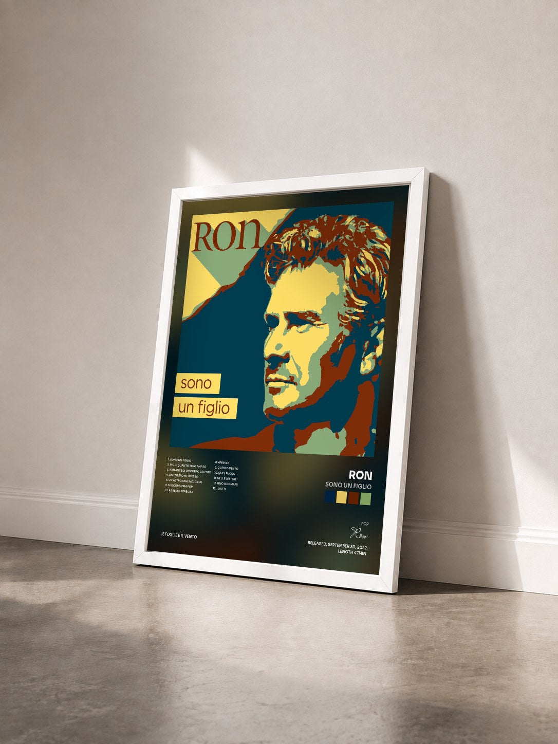 #blanc Tableau de l'album Sono un figlio de Ron vu de trois quarts, cadre blanc
