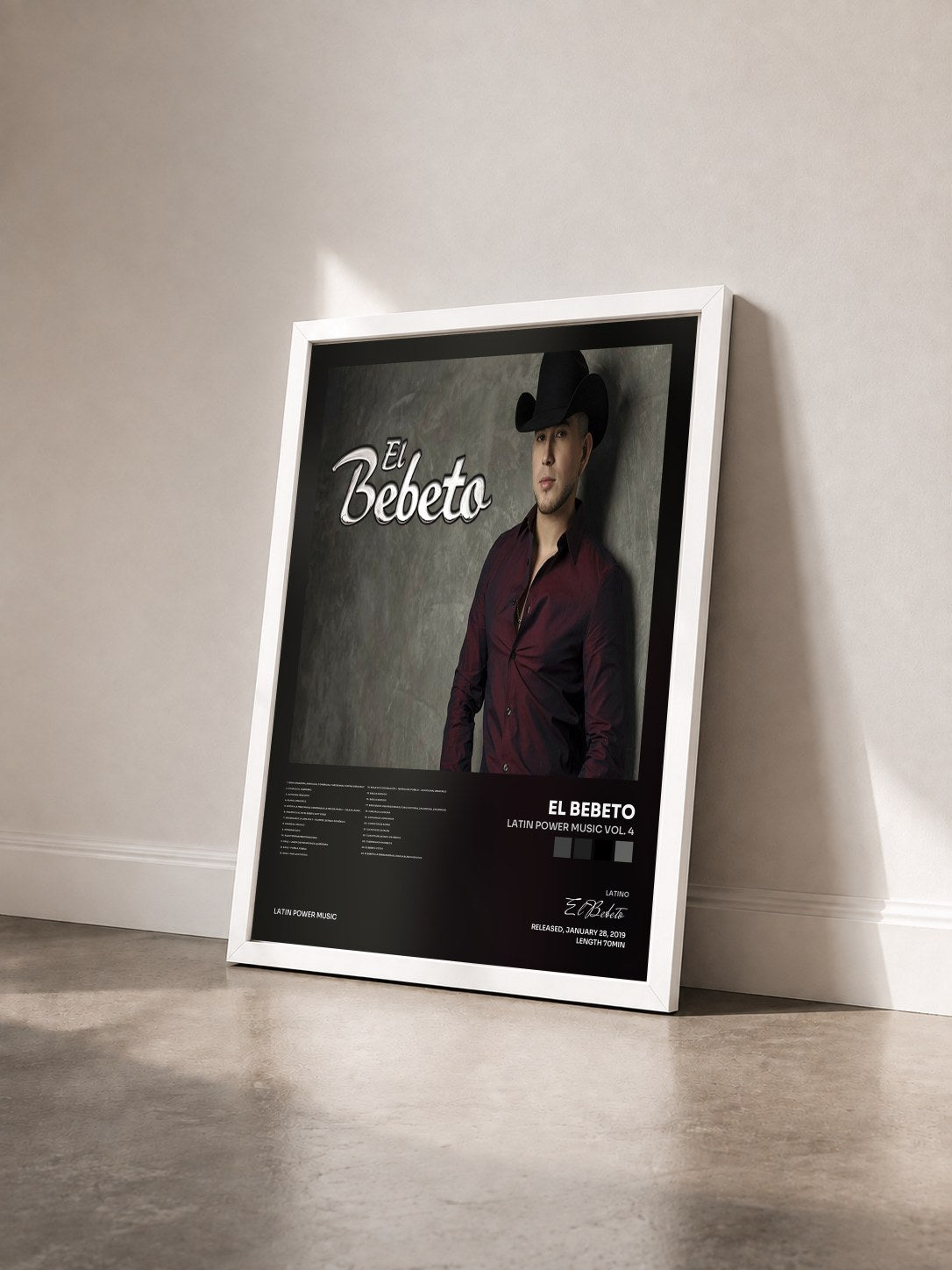 #blanc Tableau de l'album Latin Power Music Vol. 4 de El Bebeto vu de trois quarts, cadre blanc