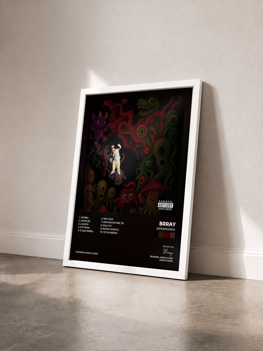 #blanc Tableau de l'album Inframundo de Brray vu de trois quarts, cadre blanc