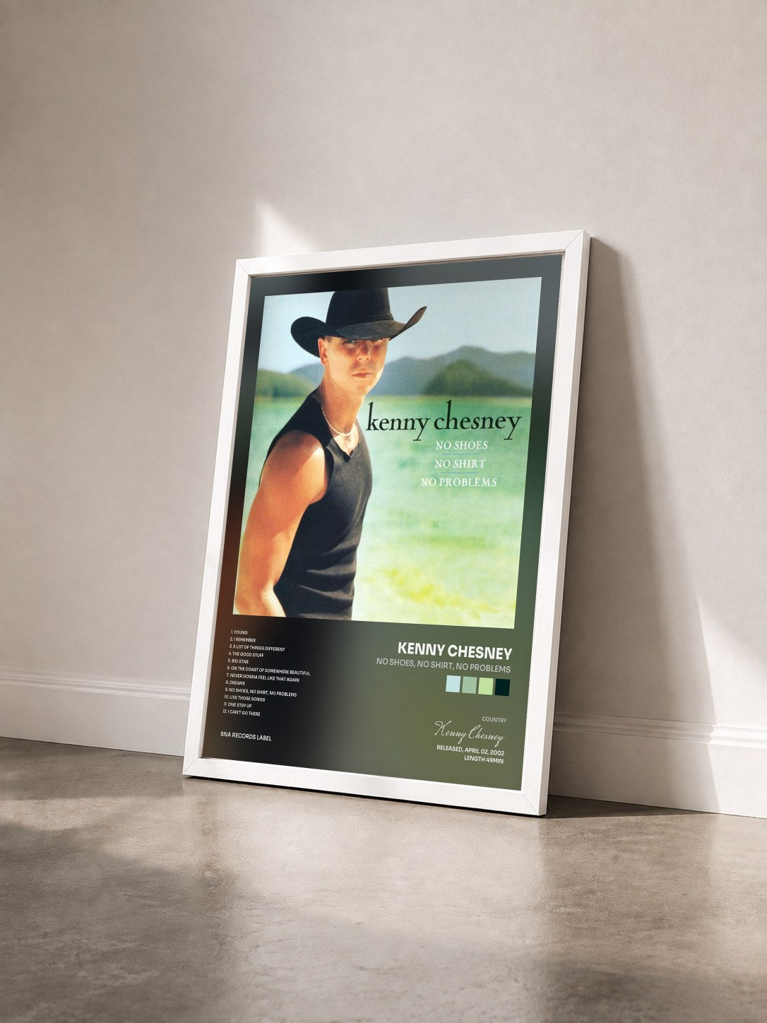 #blanc Tableau de l'album No Shoes, No Shirt, No Problems de Kenny Chesney vu de trois quarts, cadre blanc