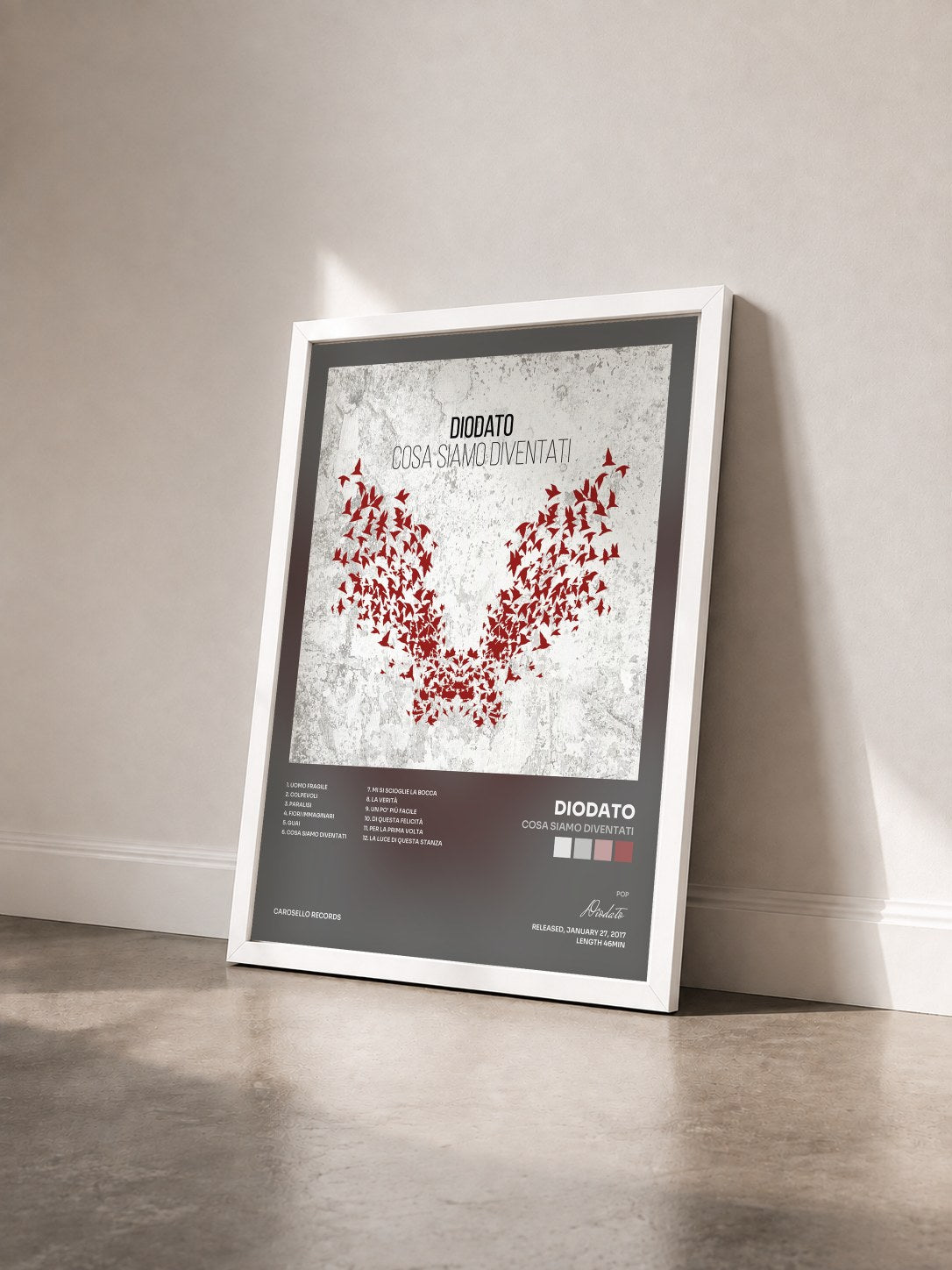 #blanc Tableau de l'album Cosa siamo diventati de Diodato vu de trois quarts, cadre blanc