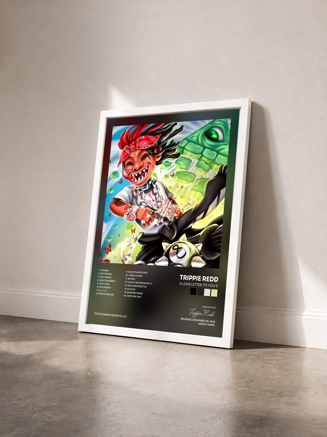 #blanc Tableau de l'album A Love Letter To You 3 de Trippie Redd vu de trois quarts, cadre blanc