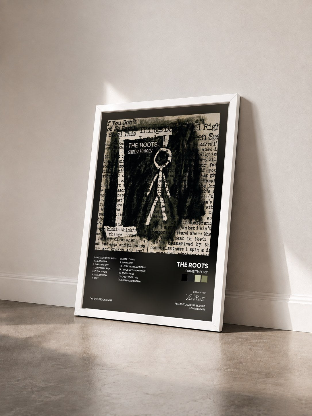 #blanc Tableau de l'album Game Theory de The Roots vu de trois quarts, cadre blanc