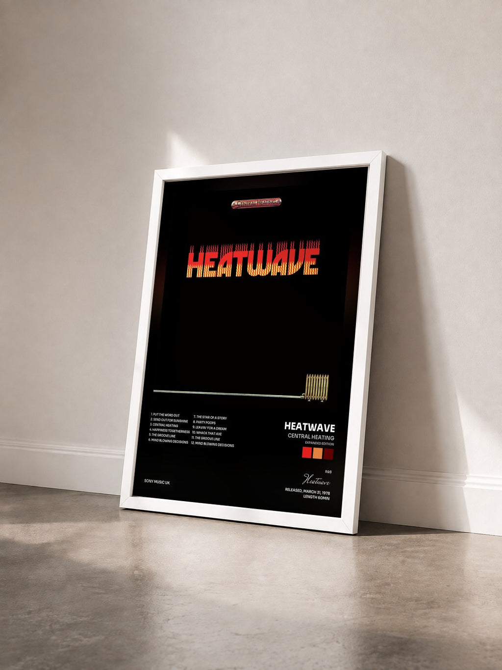 #blanc Tableau de l'album Central Heating (Expanded Edition) de Heatwave vu de trois quarts, cadre blanc