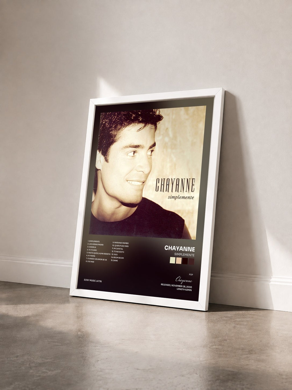 #blanc Tableau de l'album Simplemente de Chayanne vu de trois quarts, cadre blanc