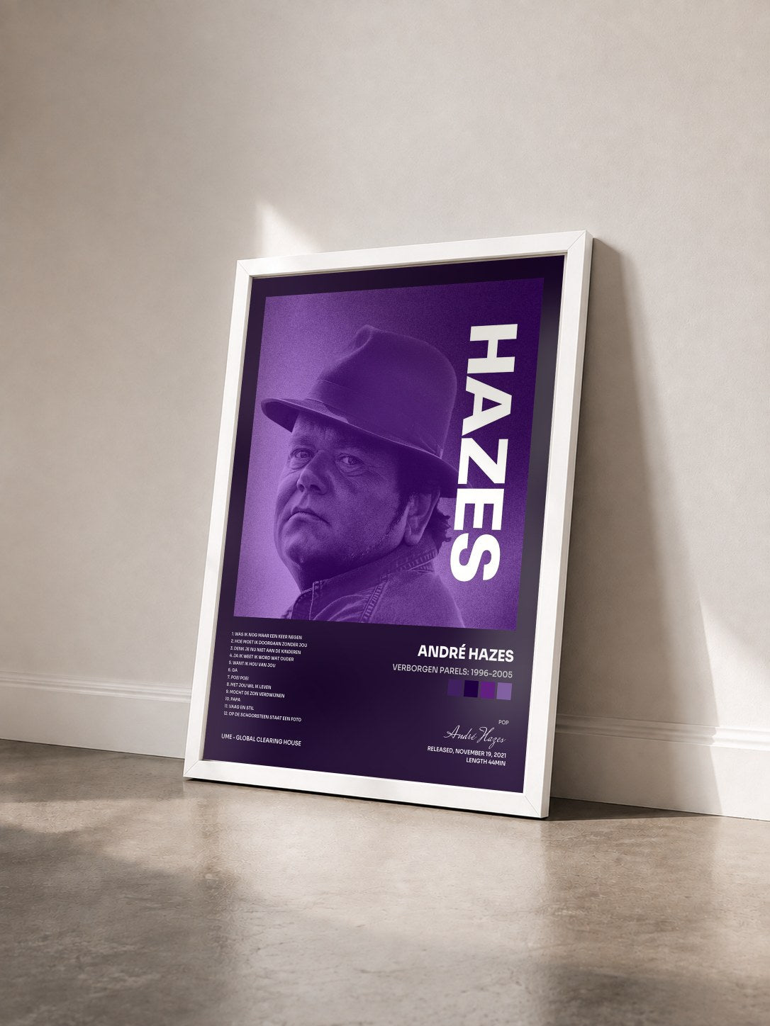 #blanc Tableau de l'album Verborgen Parels: 1996-2005 de André Hazes vu de trois quarts, cadre blanc