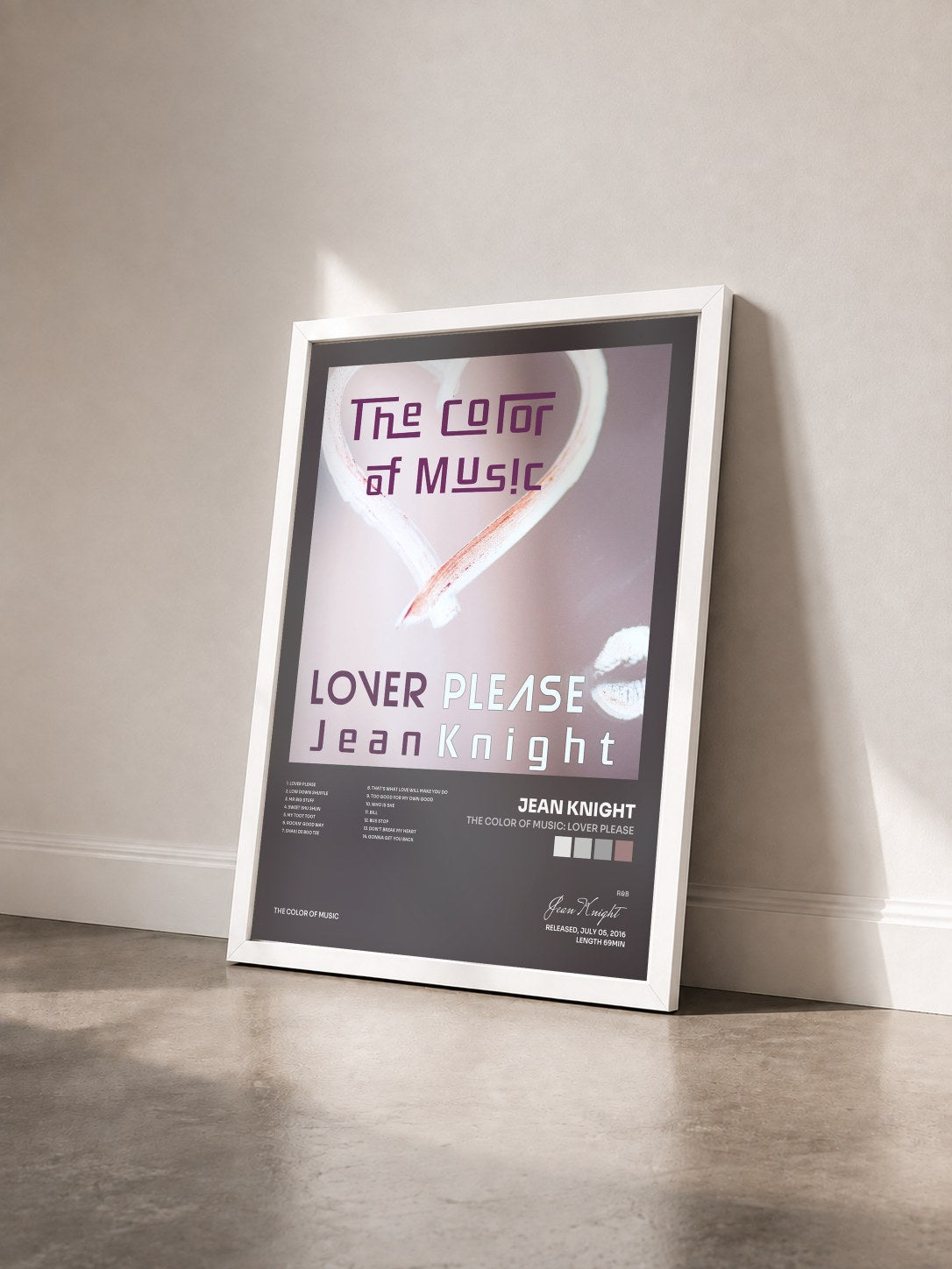 #blanc Tableau de l'album The Color of Music: Lover Please de Jean Knight vu de trois quarts, cadre blanc