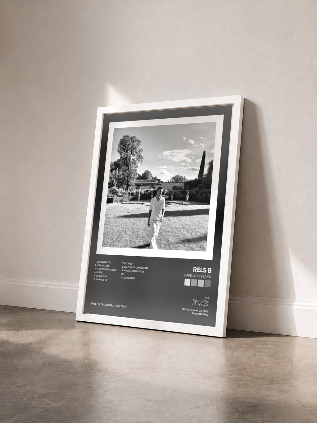 #blanc Tableau de l'album love love FLAKK de Rels B vu de trois quarts, cadre blanc