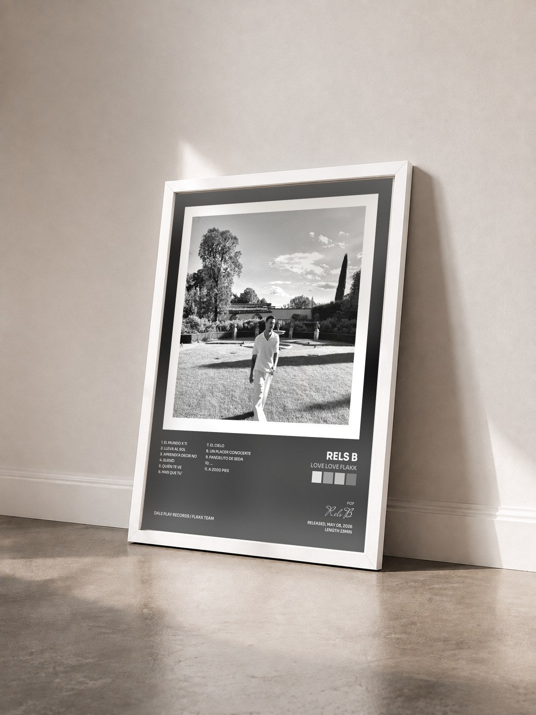 #blanc Tableau de l'album love love FLAKK de Rels B vu de trois quarts, cadre blanc