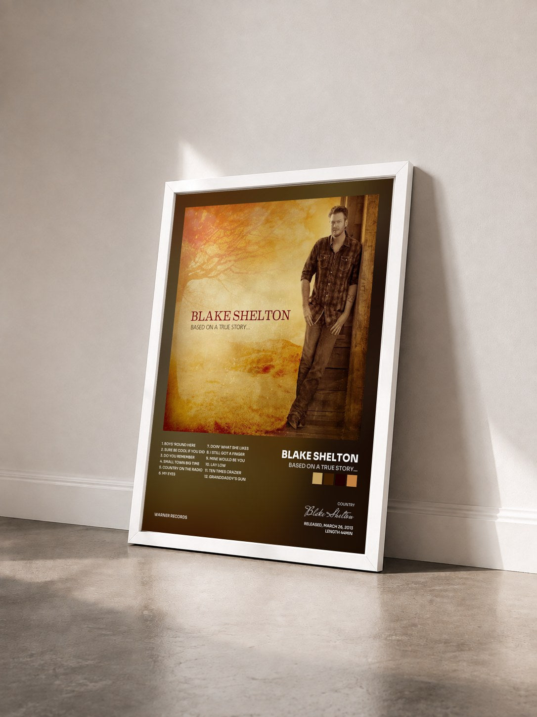 #blanc Tableau de l'album Based on a True Story... de Blake Shelton vu de trois quarts, cadre blanc