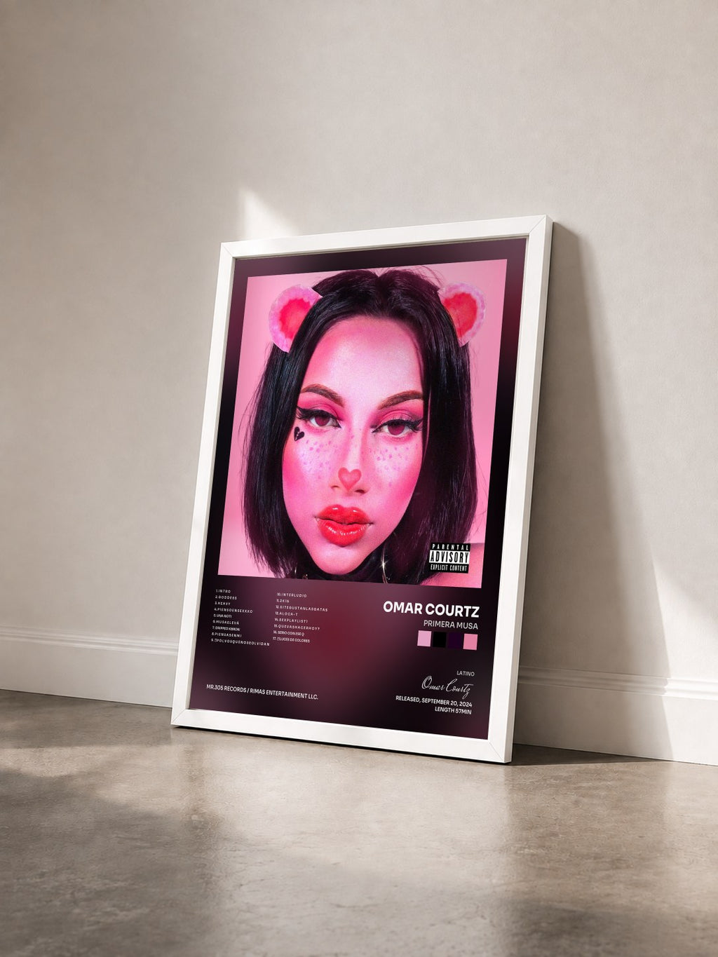 #blanc PRIMERA MUSA by Omar Courtz as a framed art print seen at an angle, white frame