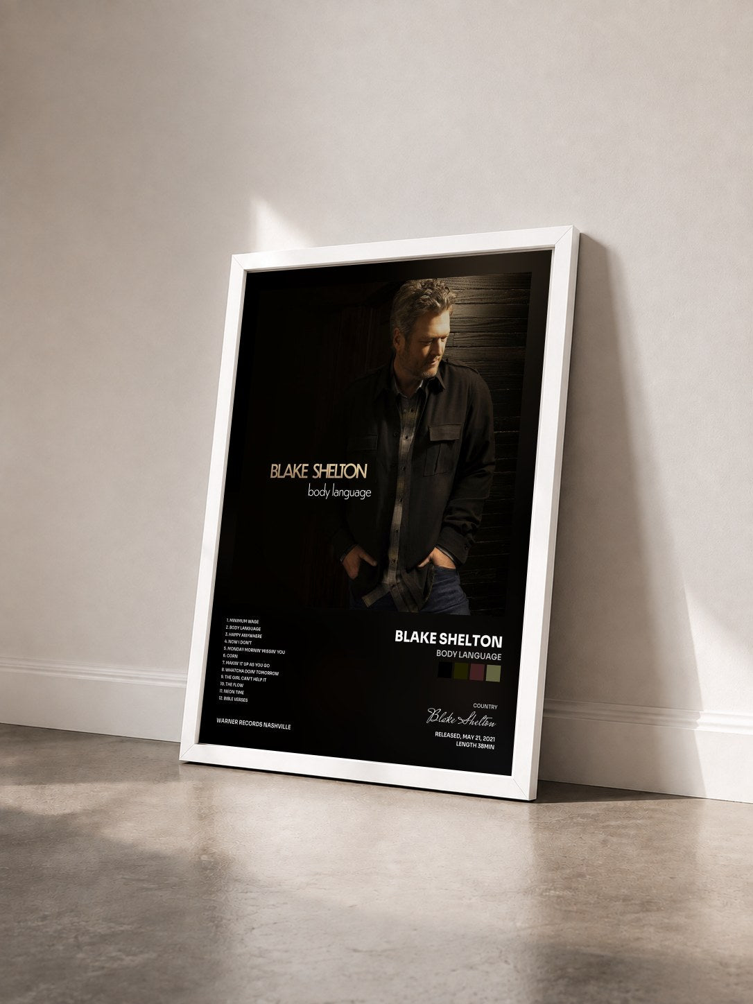 #blanc Tableau de l'album Body Language de Blake Shelton vu de trois quarts, cadre blanc