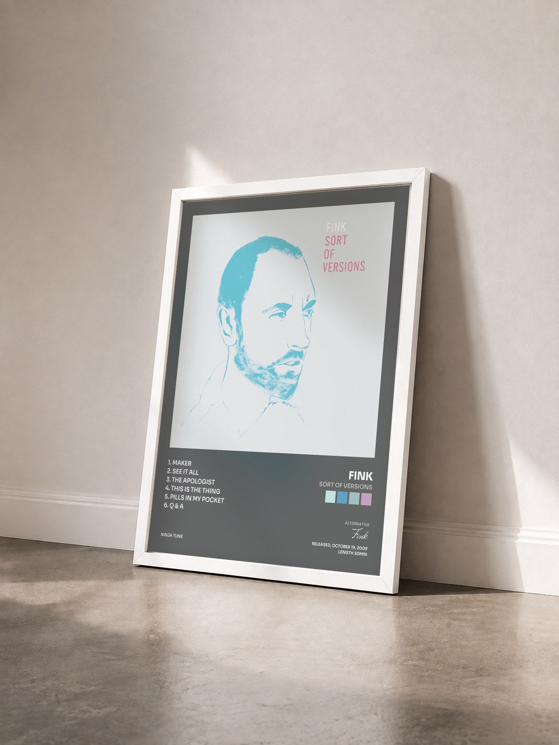 #blanc Tableau de l'album Sort Of Versions de Fink vu de trois quarts, cadre blanc