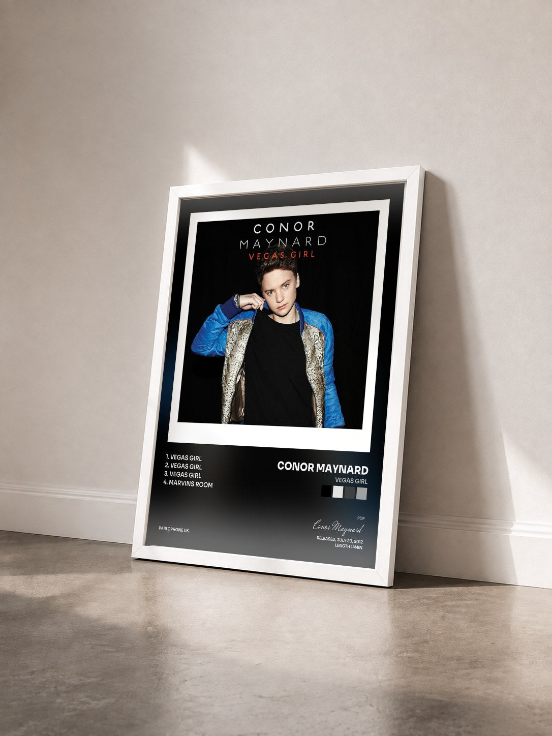 #blanc Tableau de l'album Vegas Girl de Conor Maynard vu de trois quarts, cadre blanc