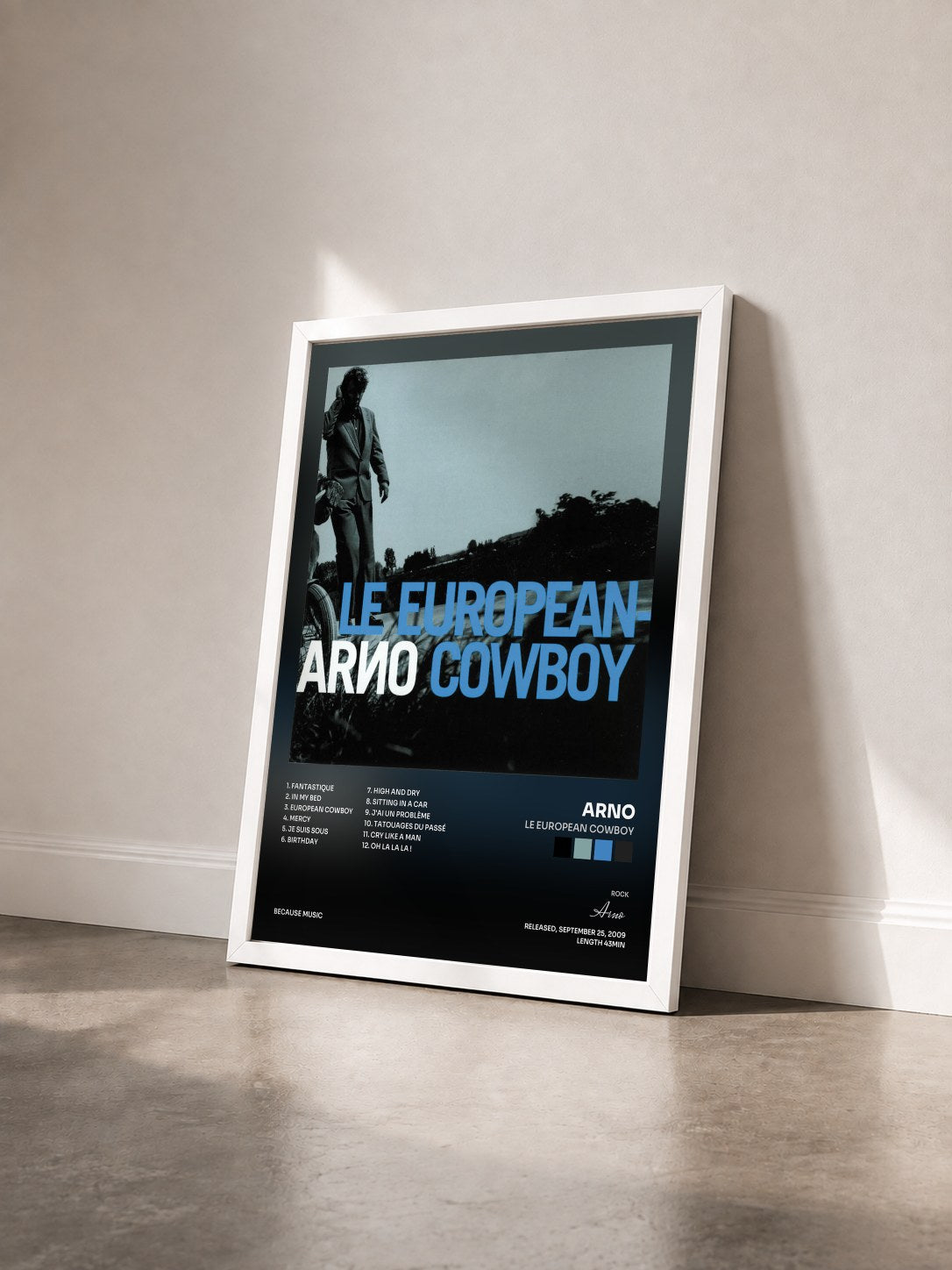 #blanc Tableau de l'album Le European Cowboy de Arno vu de trois quarts, cadre blanc
