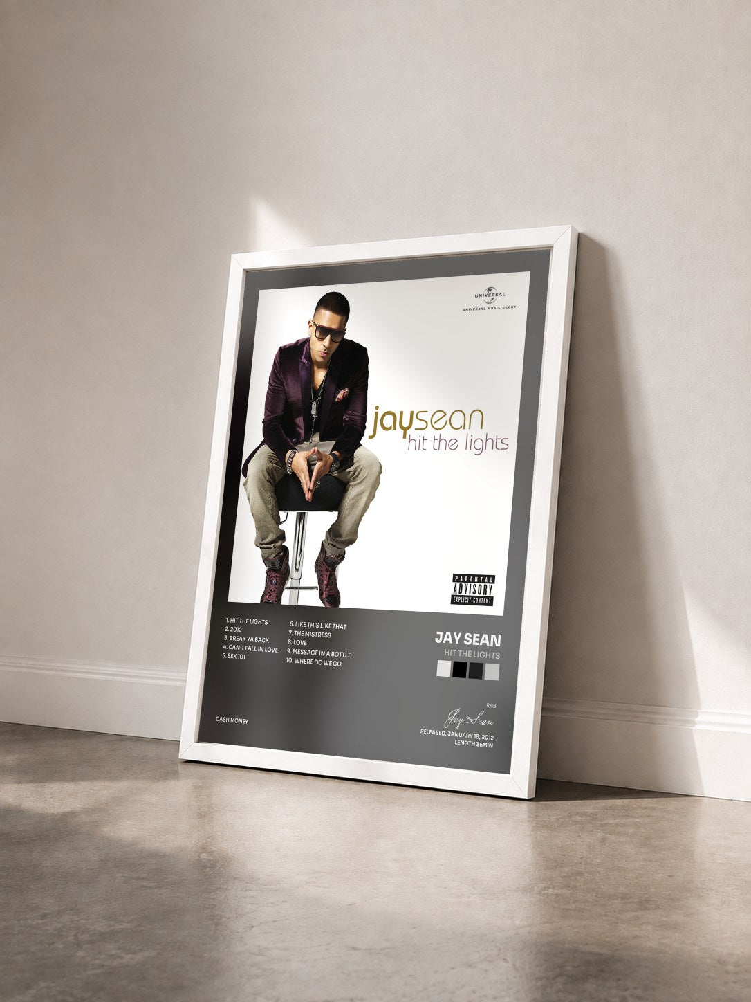 #blanc Tableau de l'album Hit The Lights de Jay Sean vu de trois quarts, cadre blanc