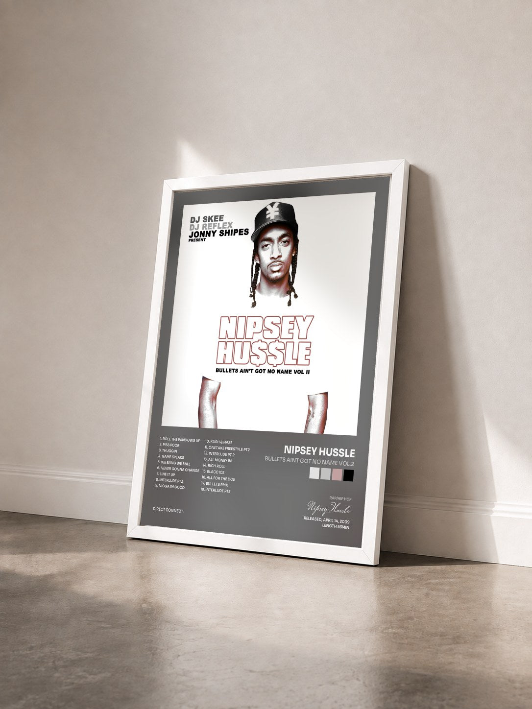 #blanc Tableau de l'album Bullets Aint Got No Name Vol.2 de Nipsey Hussle vu de trois quarts, cadre blanc