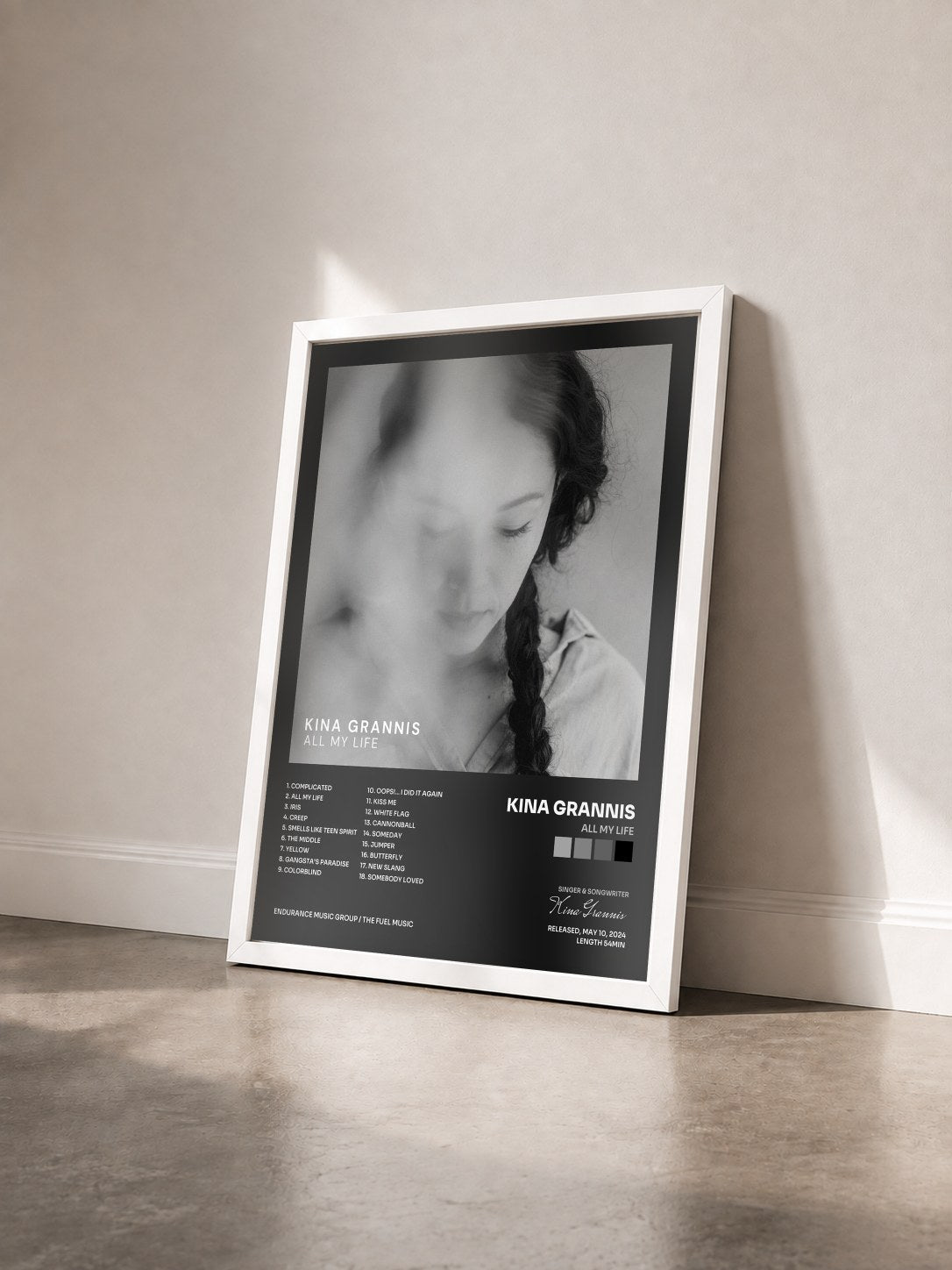 #blanc Tableau de l'album All My Life de Kina Grannis vu de trois quarts, cadre blanc