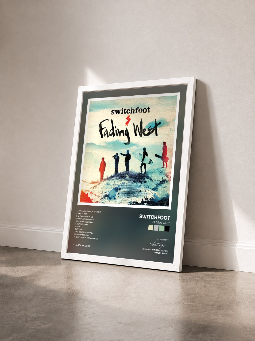 #blanc Tableau de l'album Fading West de Switchfoot vu de trois quarts, cadre blanc