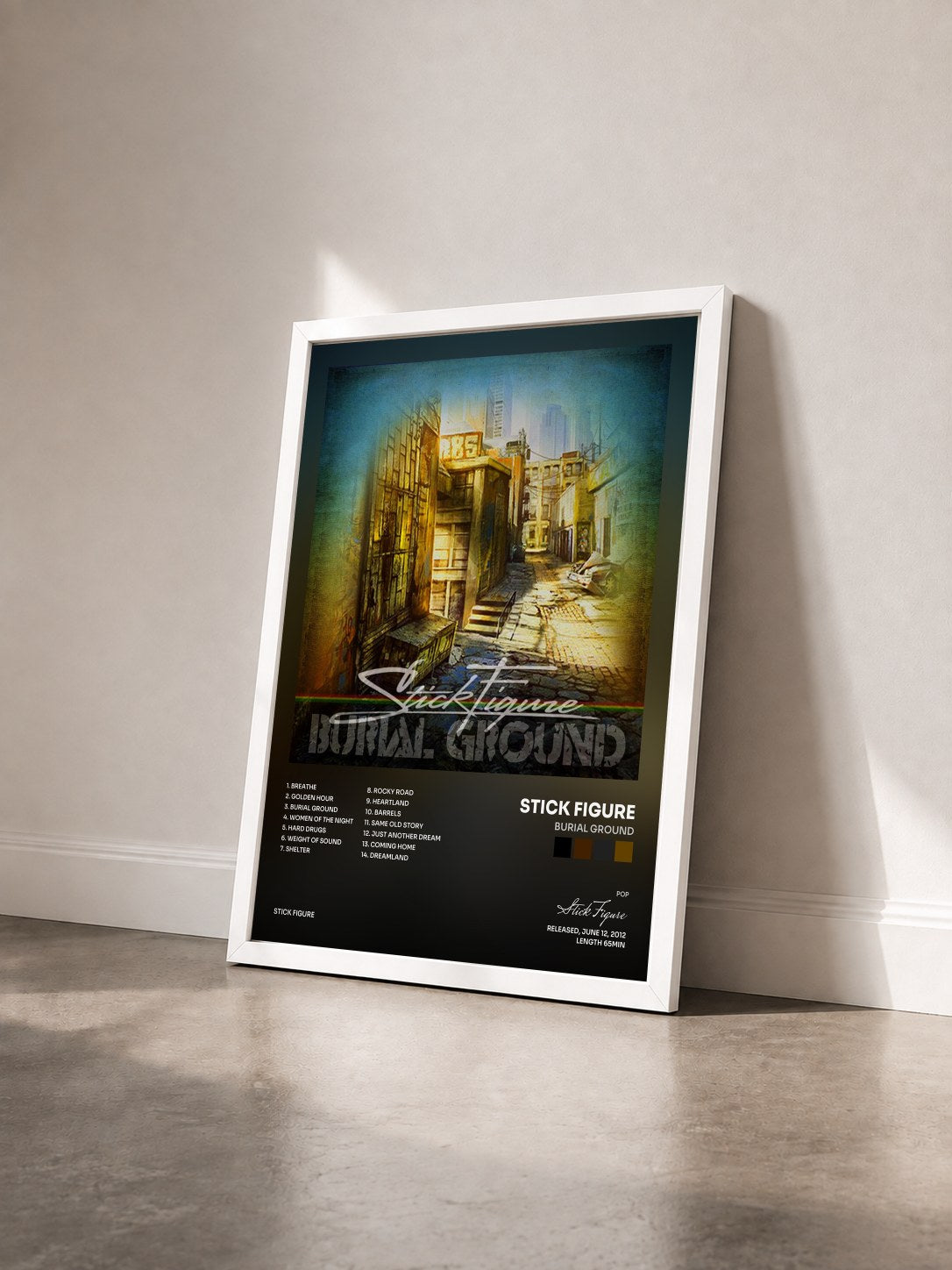 #blanc Tableau de l'album Burial Ground de Stick Figure vu de trois quarts, cadre blanc