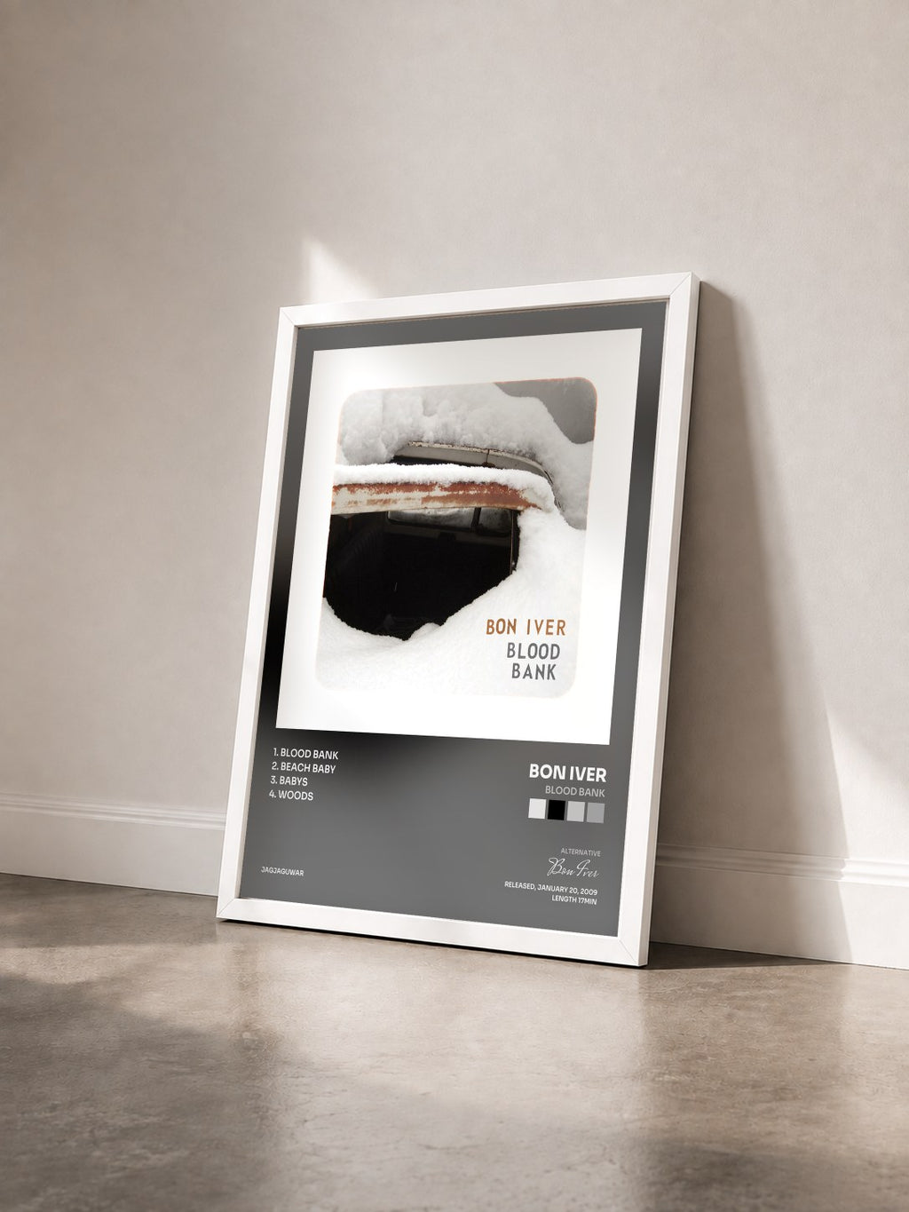 #blanc Tableau de l'album Blood Bank de Bon Iver vu de trois quarts, cadre blanc