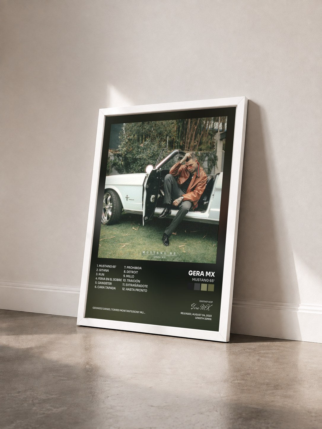 #blanc Tableau de l'album Mustang 65' de Gera MX vu de trois quarts, cadre blanc
