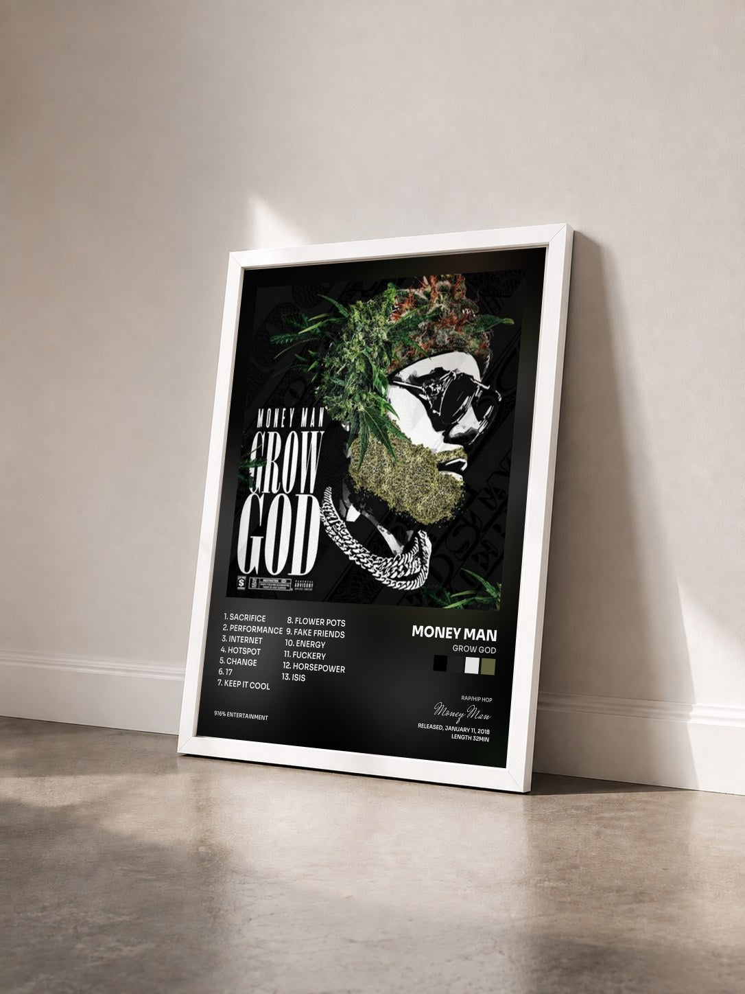 #blanc Tableau de l'album Grow God de Money Man vu de trois quarts, cadre blanc