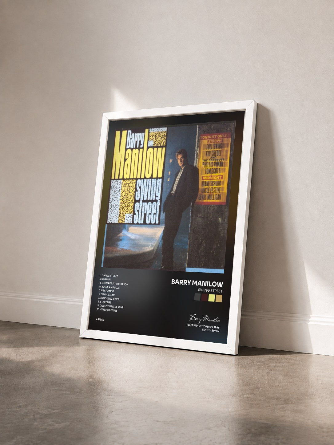 #blanc Tableau de l'album Swing Street de Barry Manilow vu de trois quarts, cadre blanc