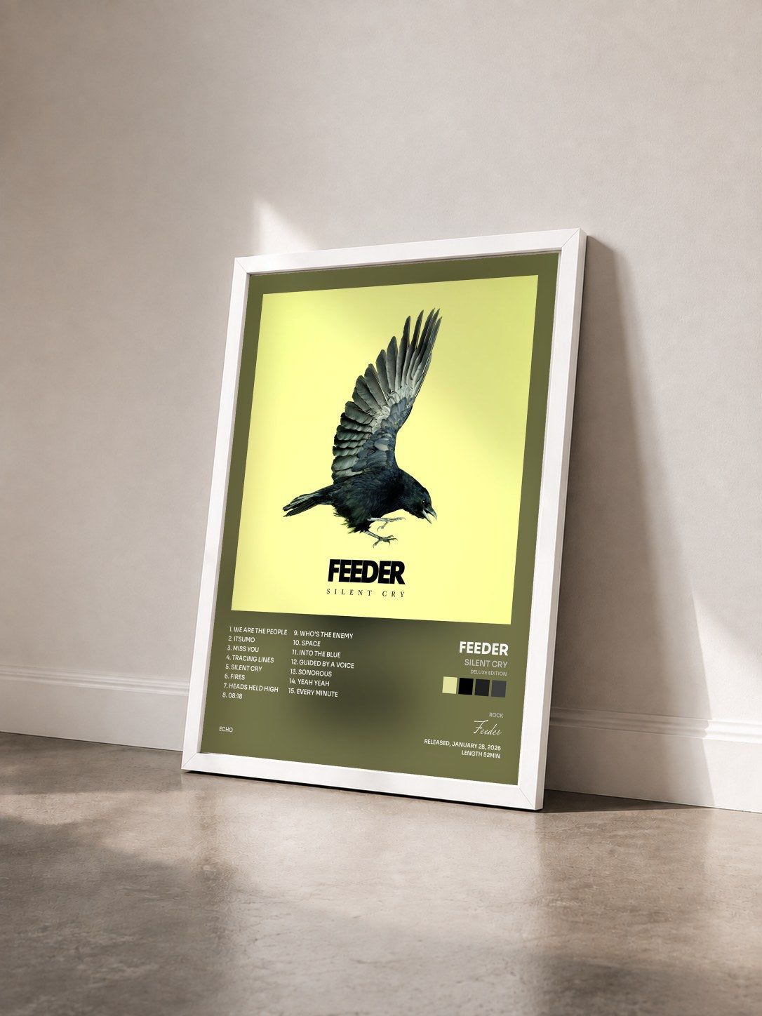 #blanc Tableau de l'album Silent Cry (Deluxe Edition) de Feeder vu de trois quarts, cadre blanc
