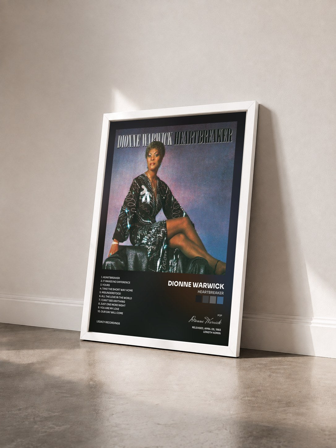 #blanc Tableau de l'album Heartbreaker de Dionne Warwick vu de trois quarts, cadre blanc