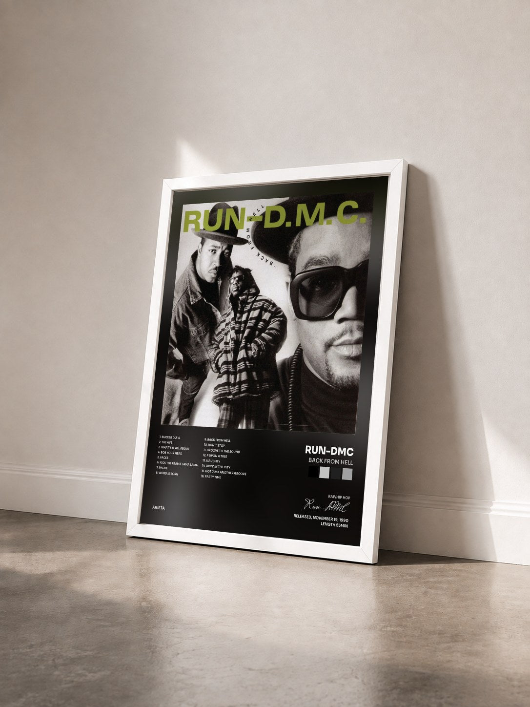 #blanc Tableau de l'album Back From Hell de Run-DMC vu de trois quarts, cadre blanc