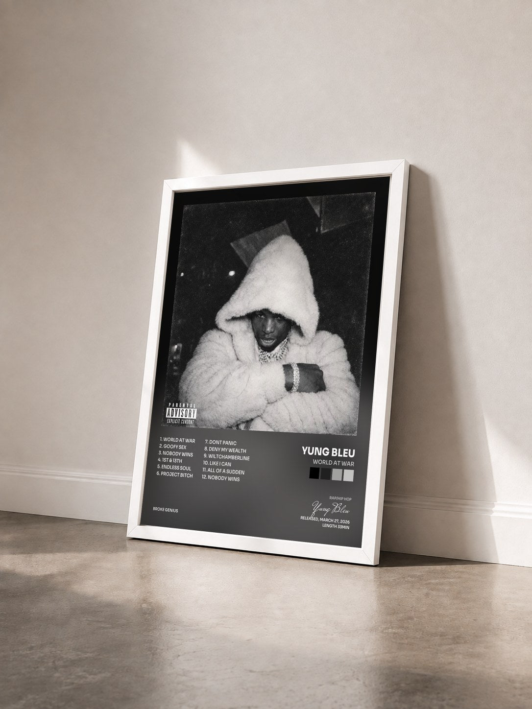 #blanc Tableau de l'album World At War de Yung Bleu vu de trois quarts, cadre blanc