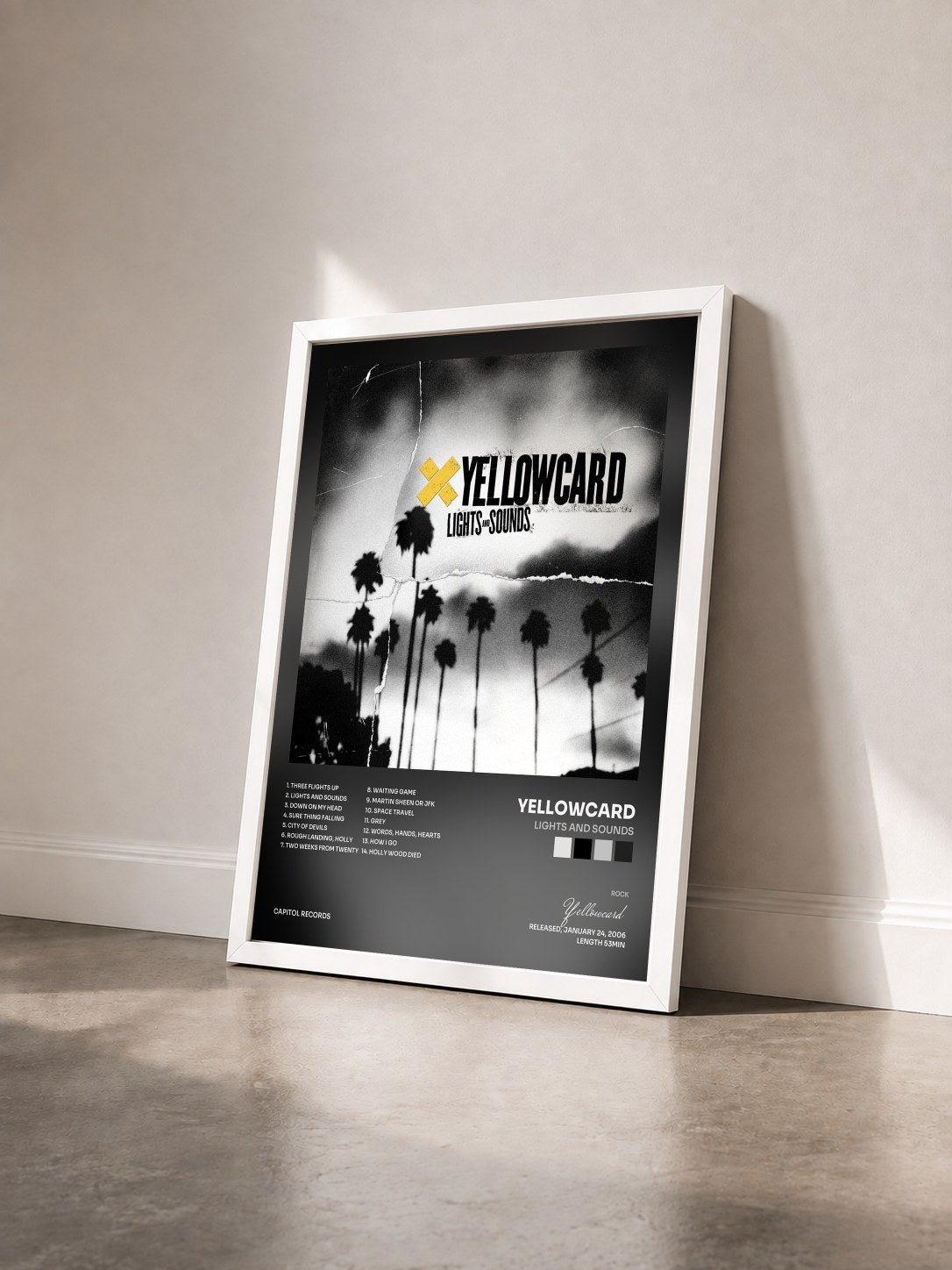 #blanc Tableau de l'album Lights And Sounds de Yellowcard vu de trois quarts, cadre blanc