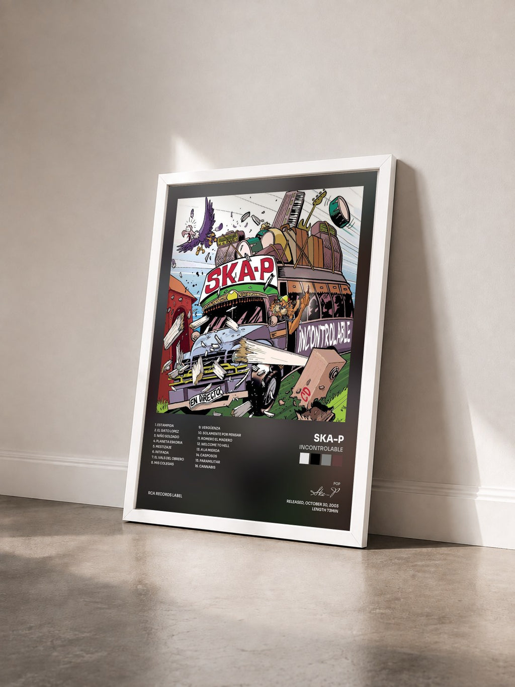 #blanc Tableau de l'album Incontrolable de Ska-P vu de trois quarts, cadre blanc