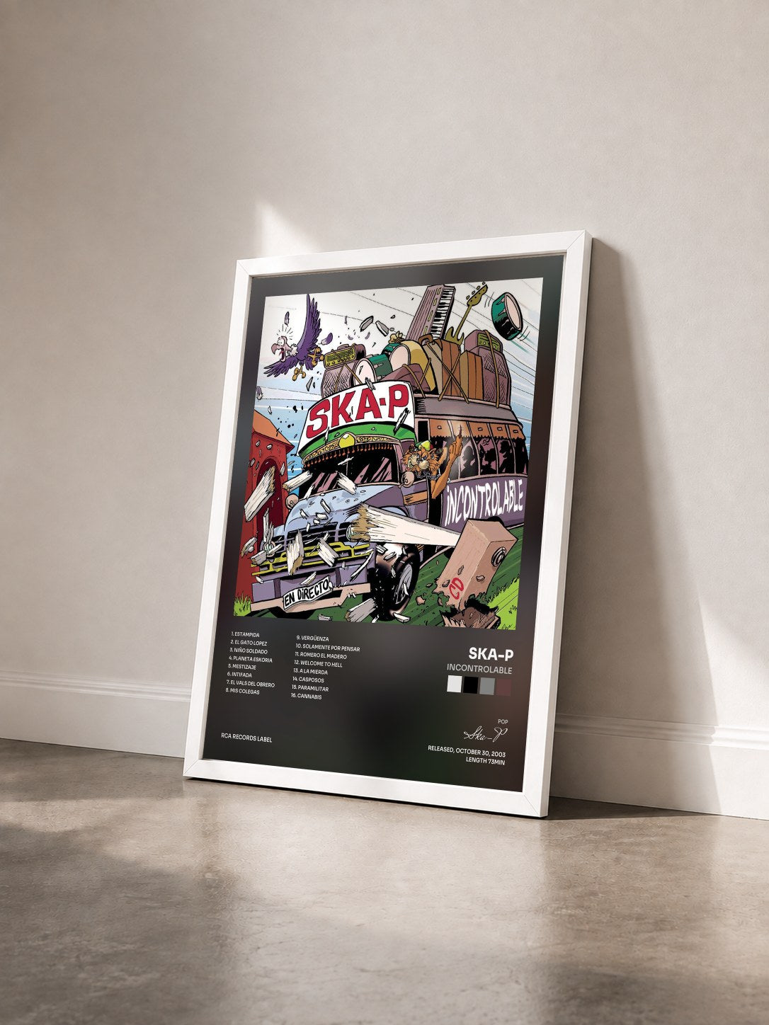 #blanc Tableau de l'album Incontrolable de Ska-P vu de trois quarts, cadre blanc