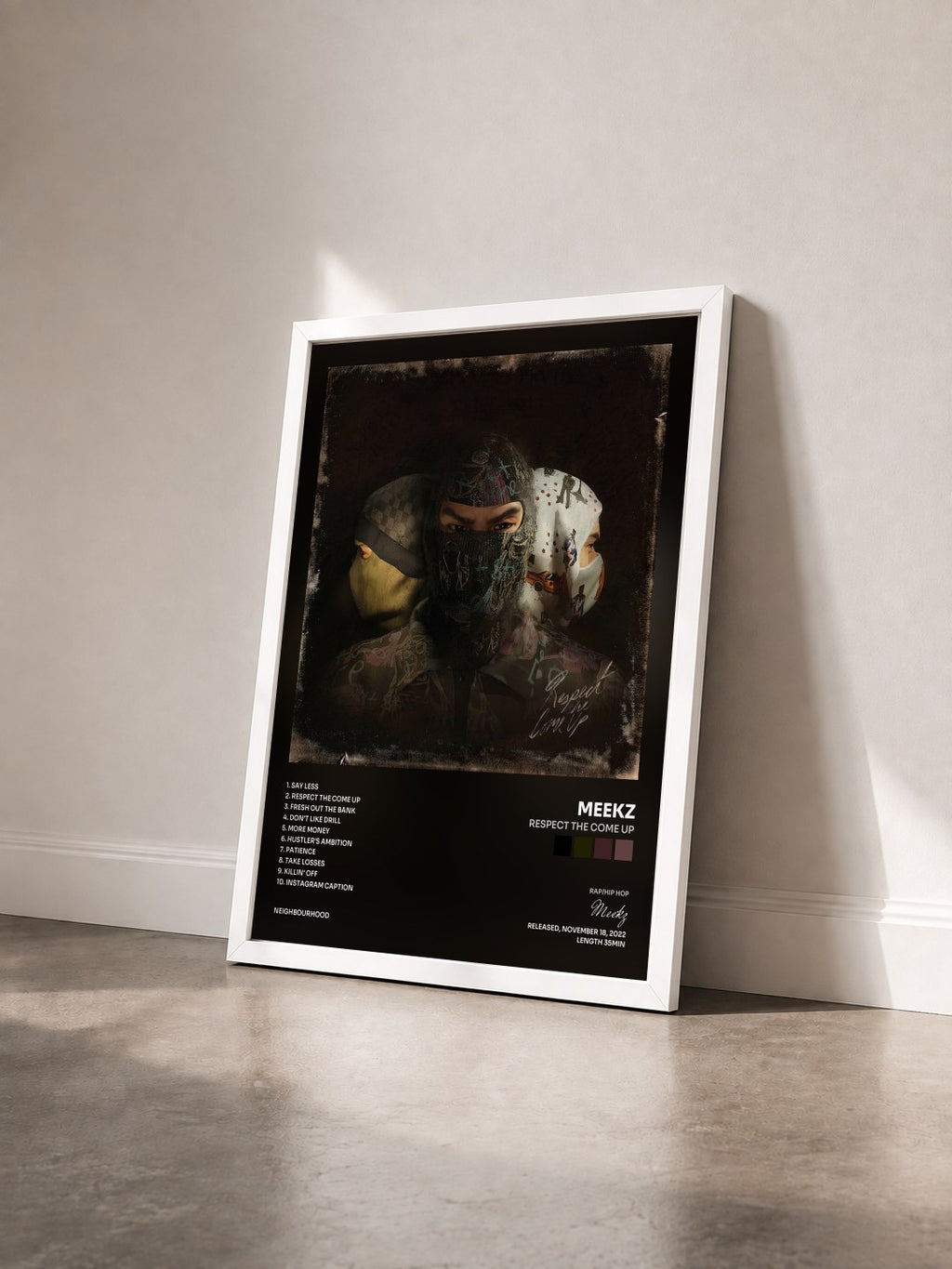 #blanc Tableau de l'album Respect The Come Up de Meekz vu de trois quarts, cadre blanc