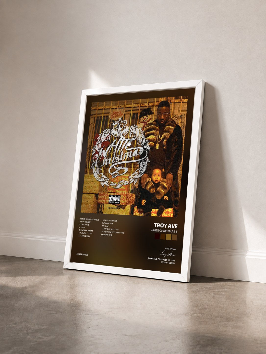 #blanc Tableau de l'album White Christmas 3 de Troy Ave vu de trois quarts, cadre blanc