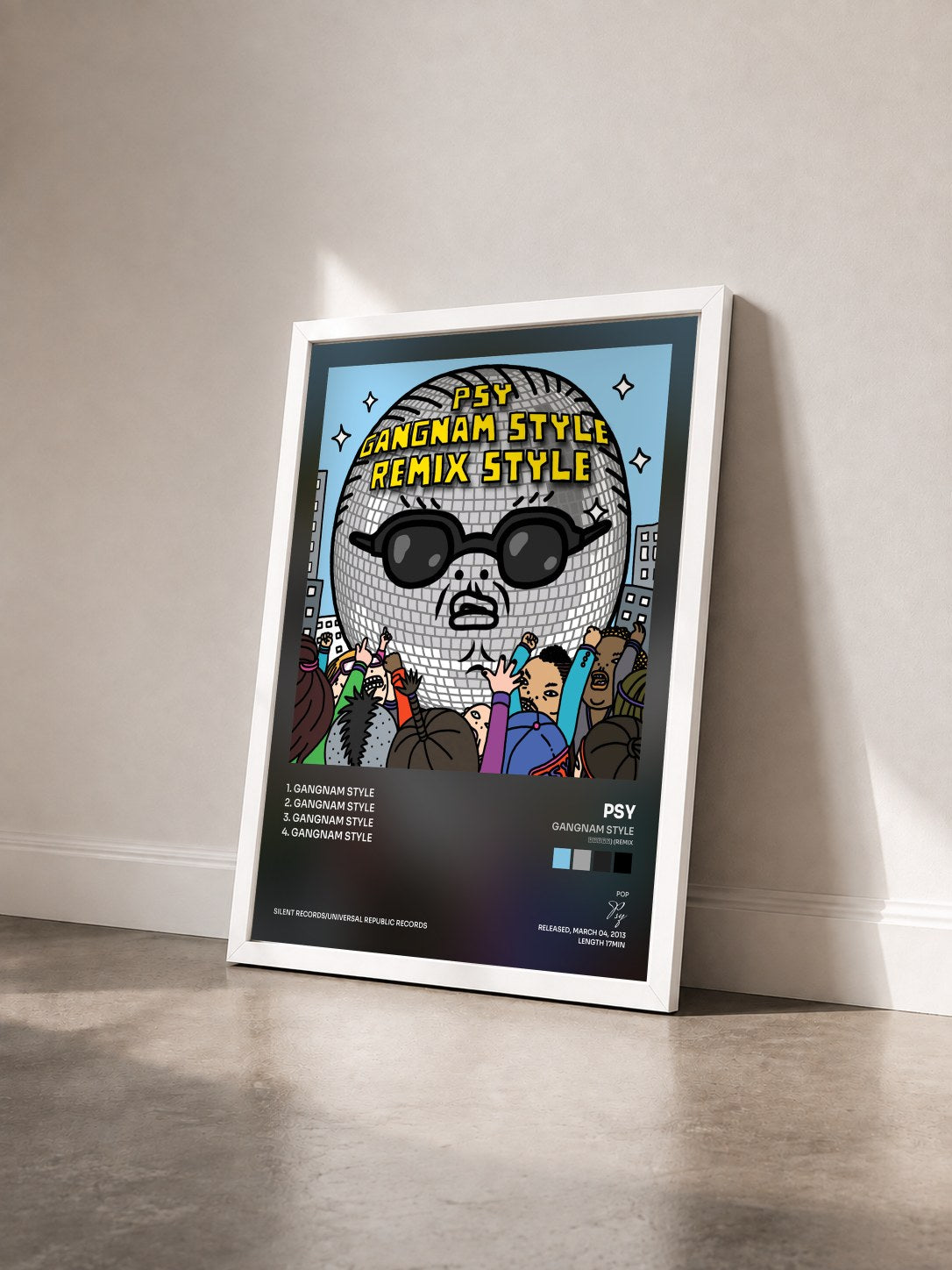 #blanc Tableau de l'album Gangnam Style (강남스타일) (Remix) de Psy vu de trois quarts, cadre blanc