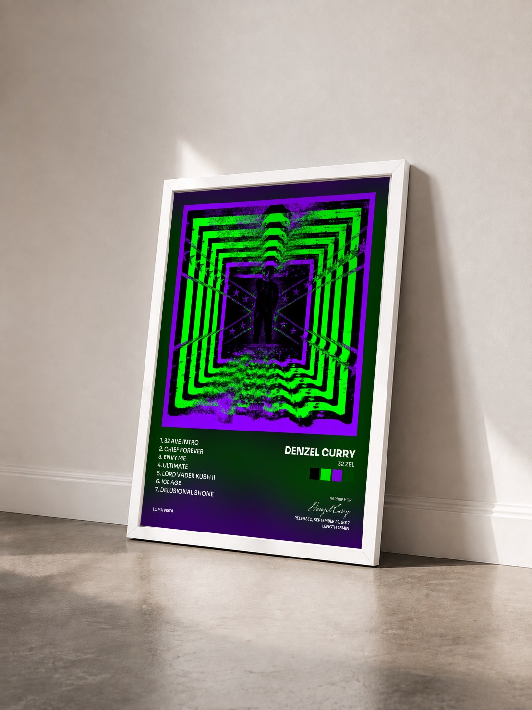 #blanc Tableau de l'album 32 Zel de Denzel Curry vu de trois quarts, cadre blanc