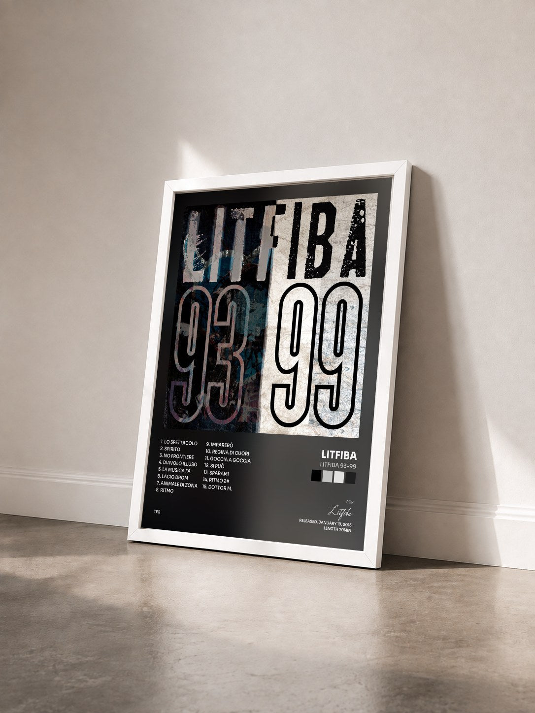 #blanc Tableau de l'album LITFIBA 93-99 de Litfiba vu de trois quarts, cadre blanc