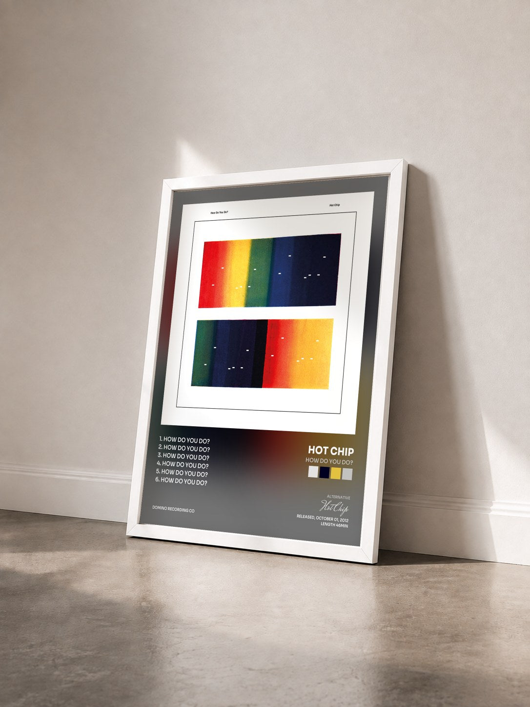 #blanc Tableau de l'album How Do You Do? de Hot Chip vu de trois quarts, cadre blanc